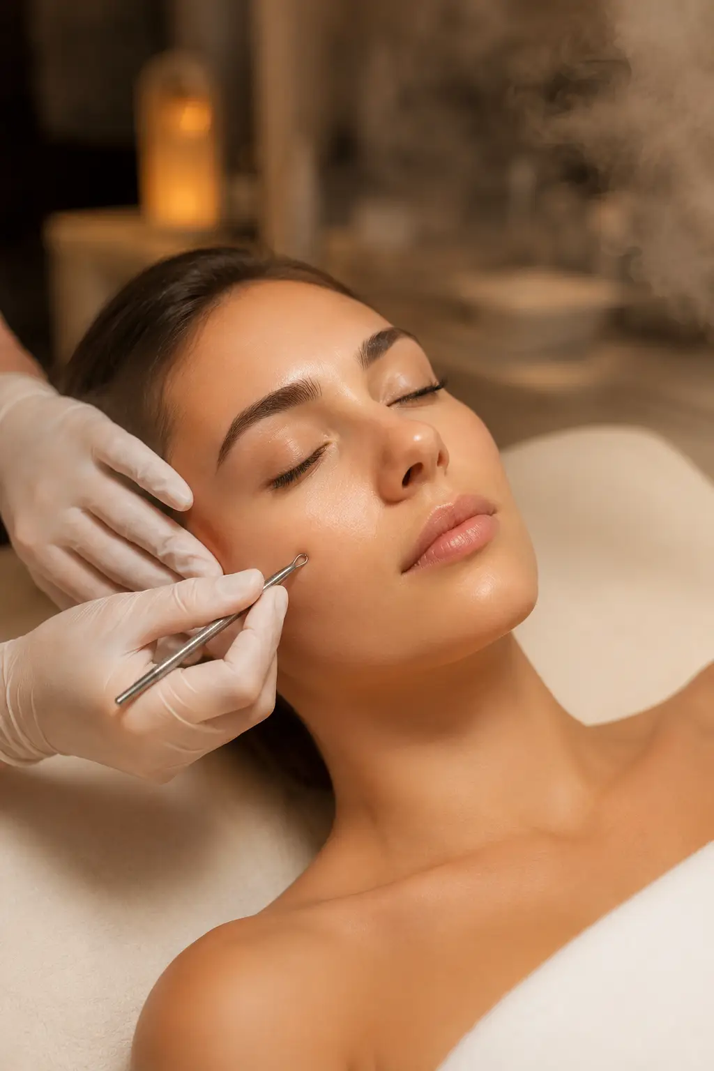Extractions in progress — provider hands, steam, clear skin — The Society of Preservation Med Spa, Charleston