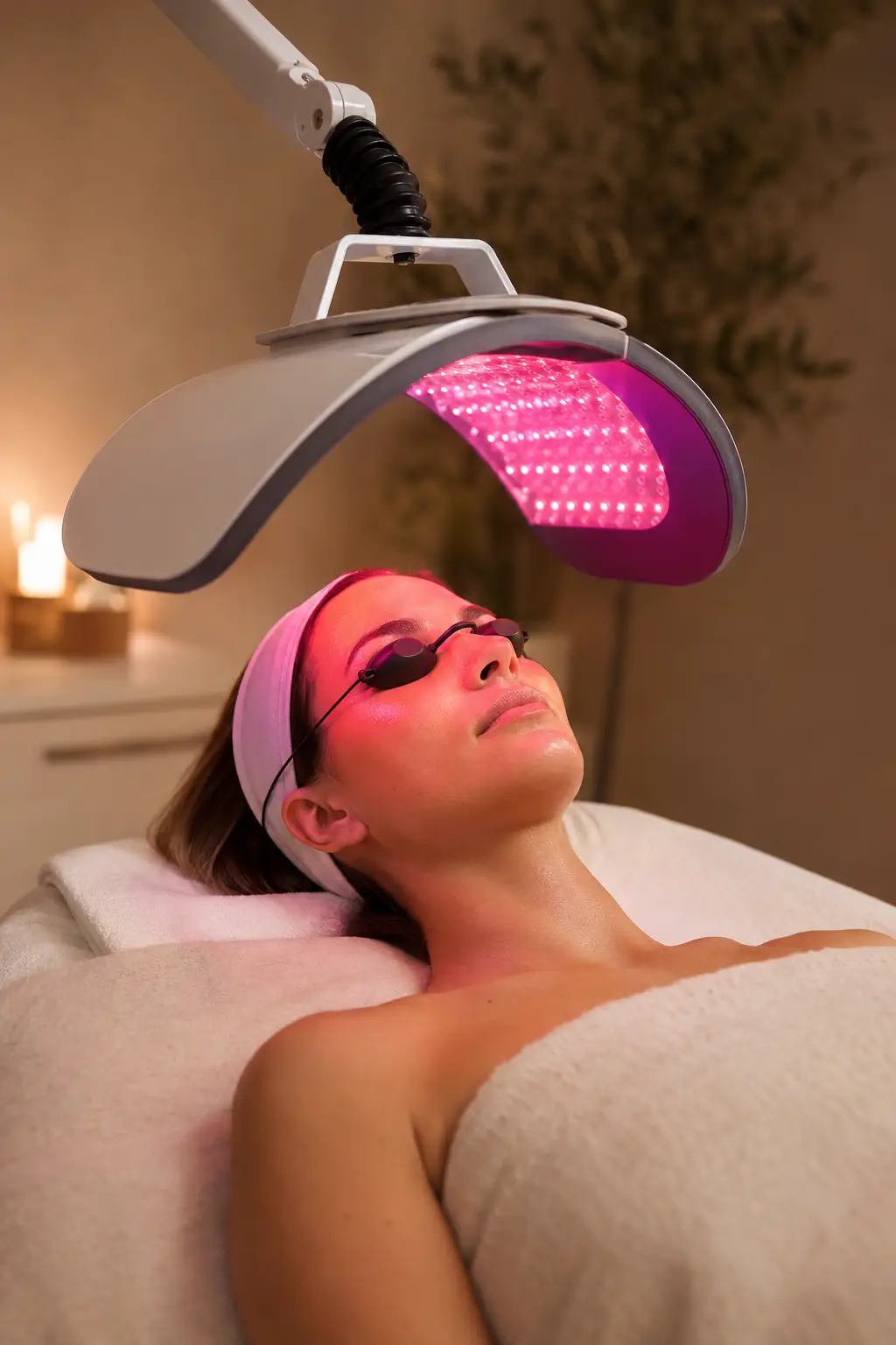 Celluma panel over face — warm light, eyes covered, serene — The Society of Preservation Med Spa, Charleston