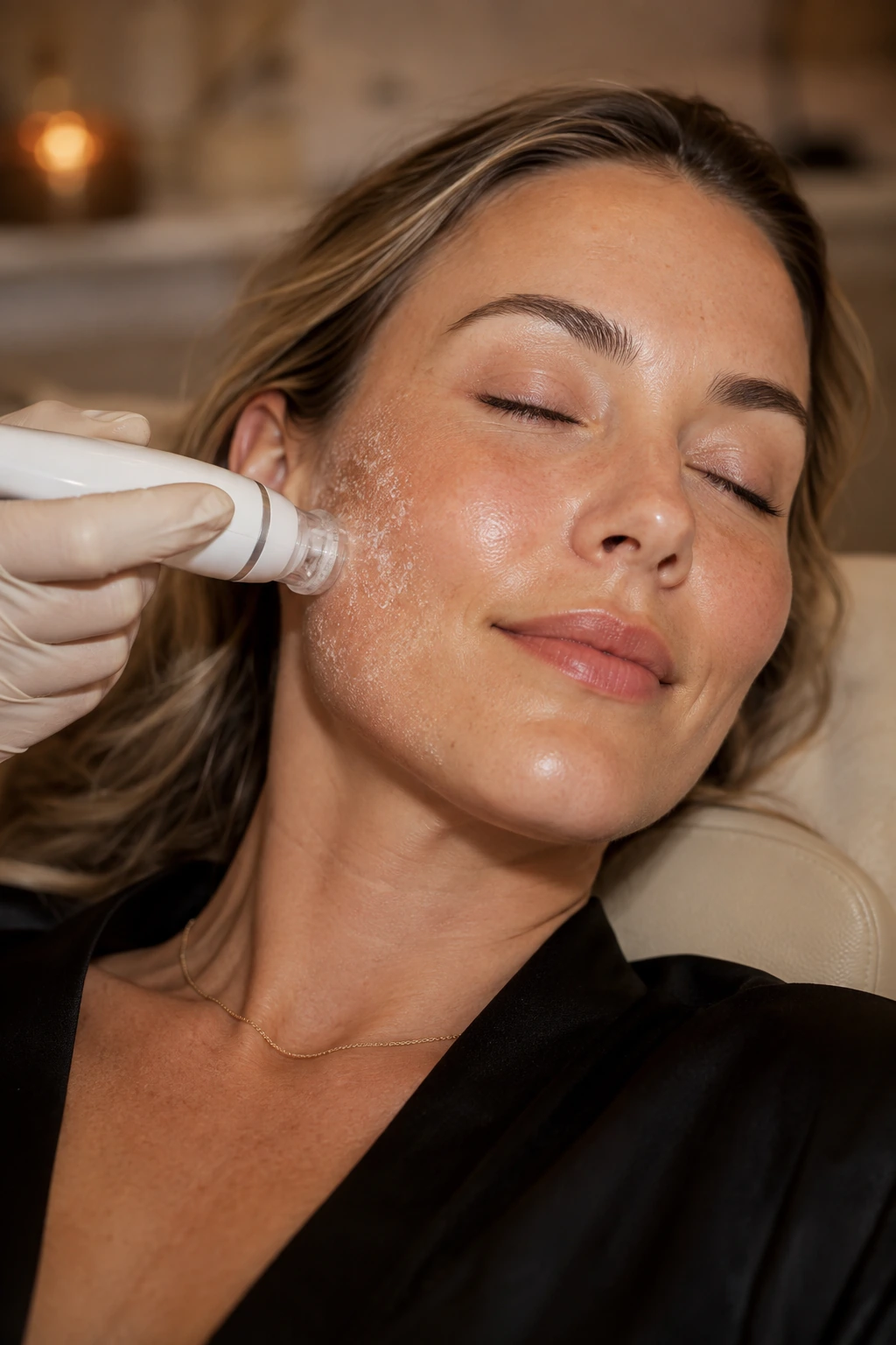 Dermaplaning detail — blade, gloved hand, serene patient — The Society of Preservation Med Spa, Charleston