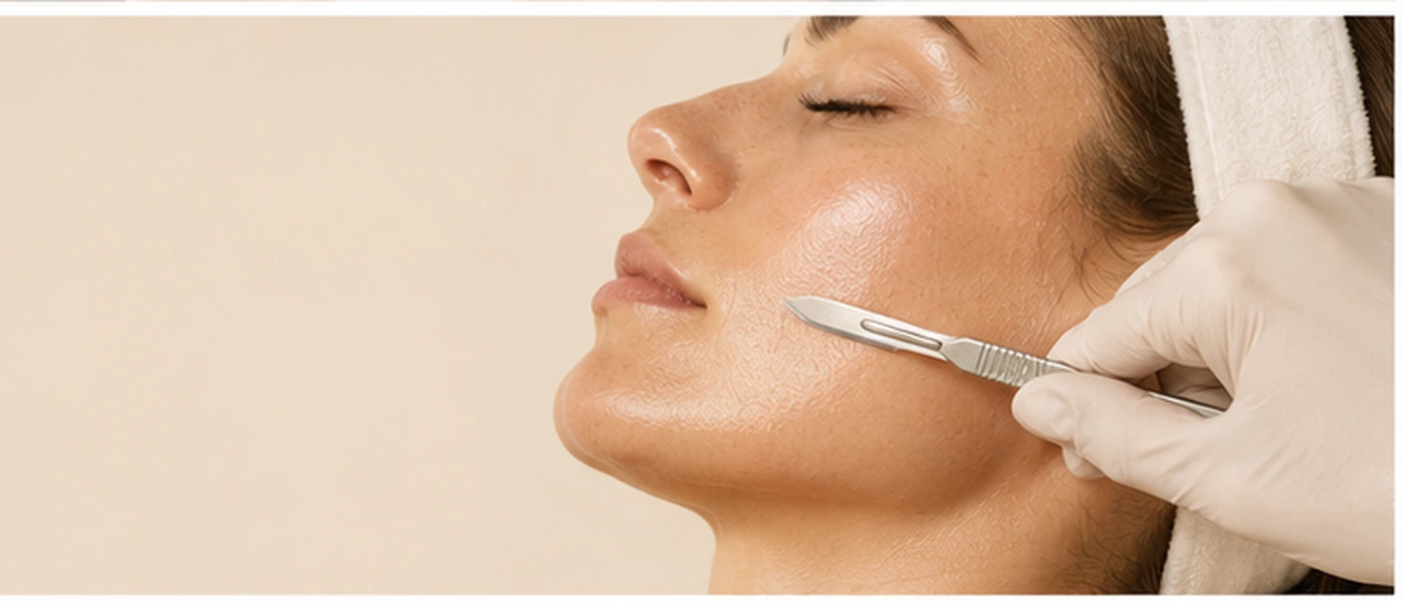Dermaplaning blade along the jawline during treatment in Charleston, SC