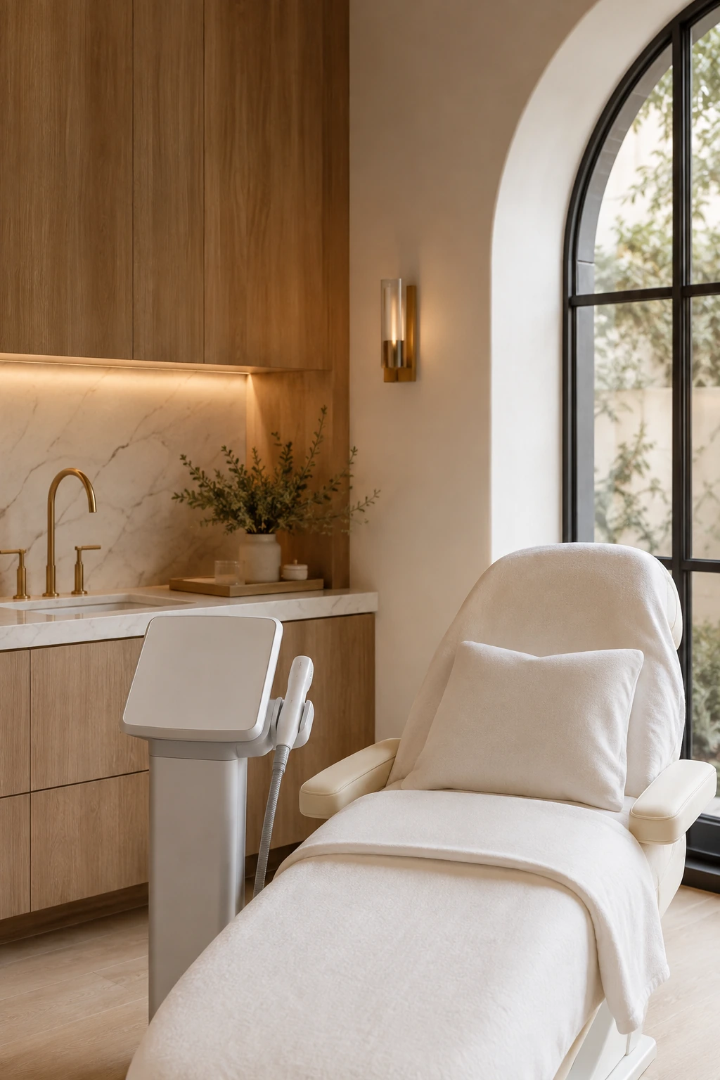 Laser treatment room — device, warm wood, brass, marble — The Society of Preservation Med Spa, Charleston