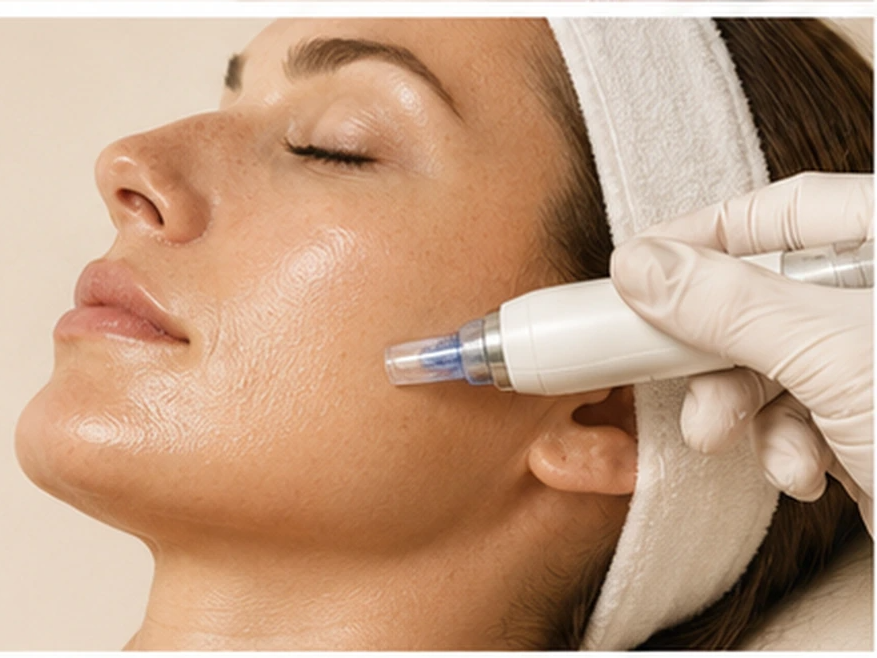 Microneedling — device on cheek — The Society of Preservation Med Spa, Charleston