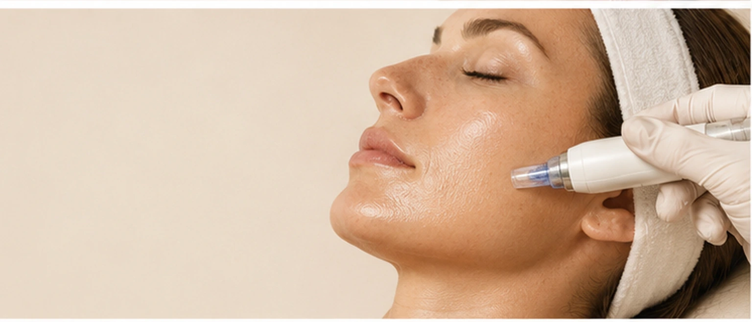 Microneedling device treating a client