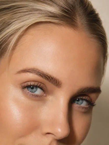 blue-eyed model, forehead + brow in soft focus, ivory backdrop — The Society of Preservation Med Spa, Charleston