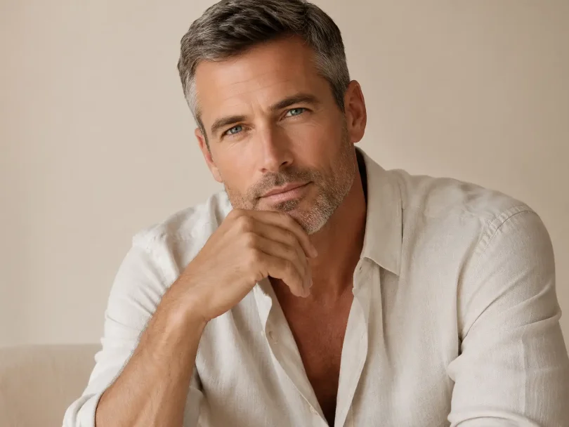 handsome man, 40s, blue eyes, linen shirt, groomed — refined not rugged — The Society of Preservation Med Spa, Charleston