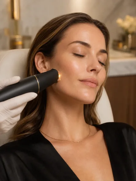 laser handpiece detail on flawless cheek, warm clinical light — The Society of Preservation Med Spa, Charleston