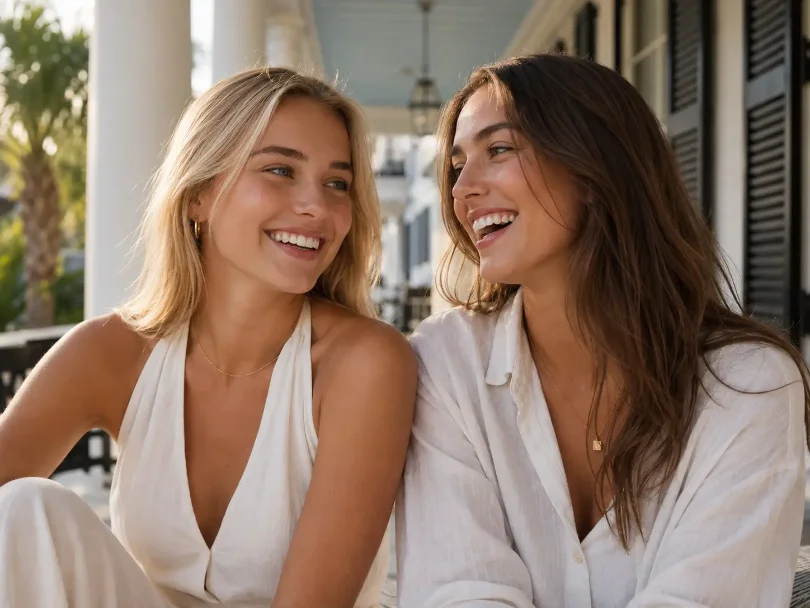 two students, early 20s, clear skin, laughing on a piazza porch — The Society of Preservation Med Spa, Charleston